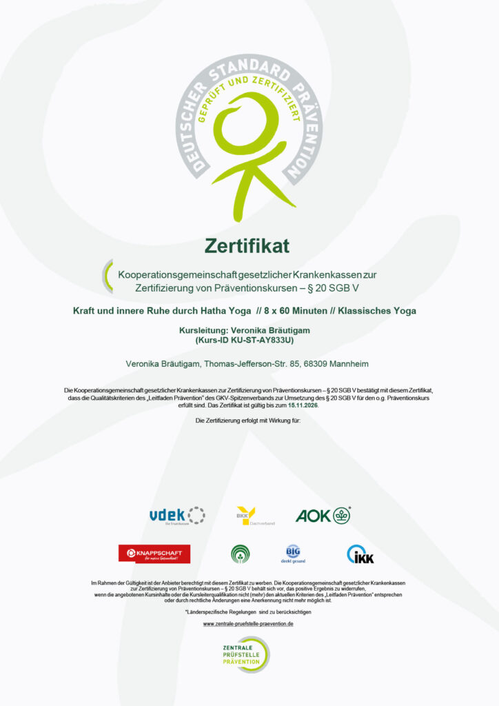 Zertifikat: Kraft und innere Ruhe durch Hatha Yoga // 8 x 60 Minuten // Klassisches Yoga